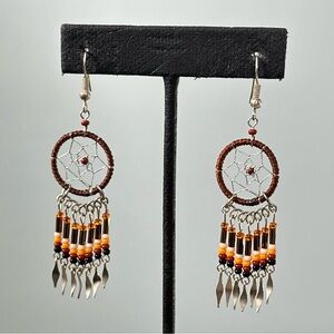Brown Orange Bohemian Dreamcatcher Earrings Beaded Fringe Southwestern Scene Kid